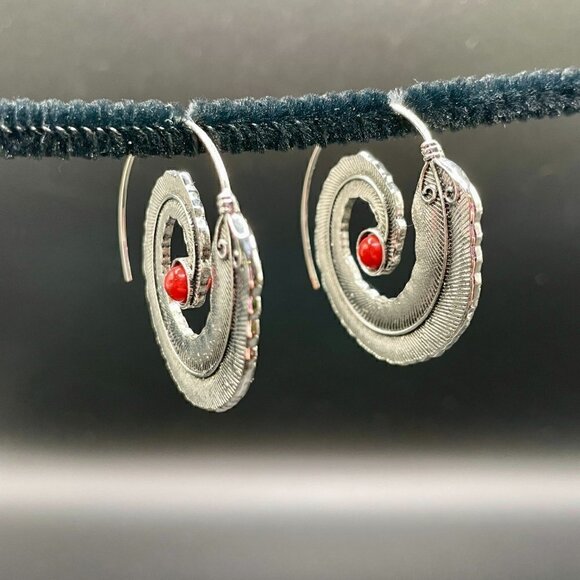 Large Silver Feather Spiral Earrings in Red or Turquoise Blue #630 - Picture 10 of 11